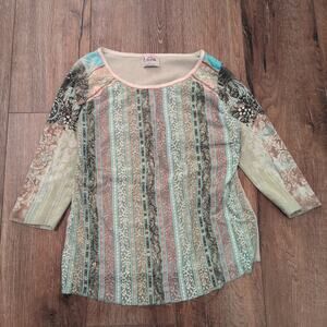 Y2K Edista Women Large Shirt Floral Fairy Lace Pastel Striped Cottage Artsy Boho